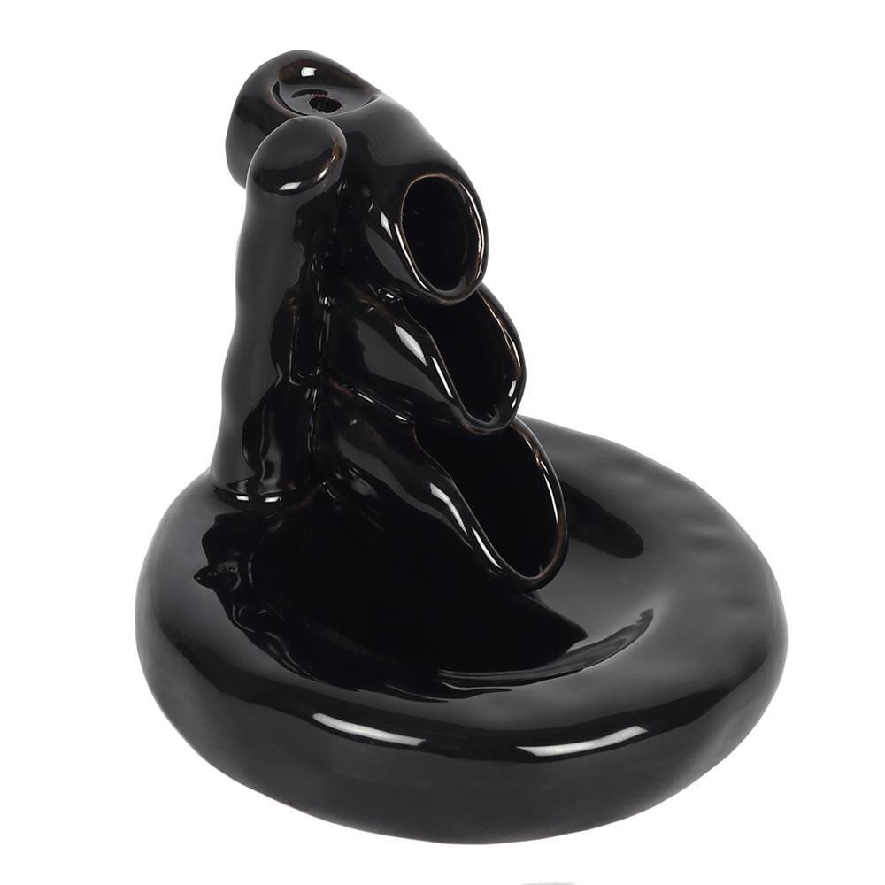 Backflow incense burner in a black ceramic bamboo waterfall design, shown without cone.