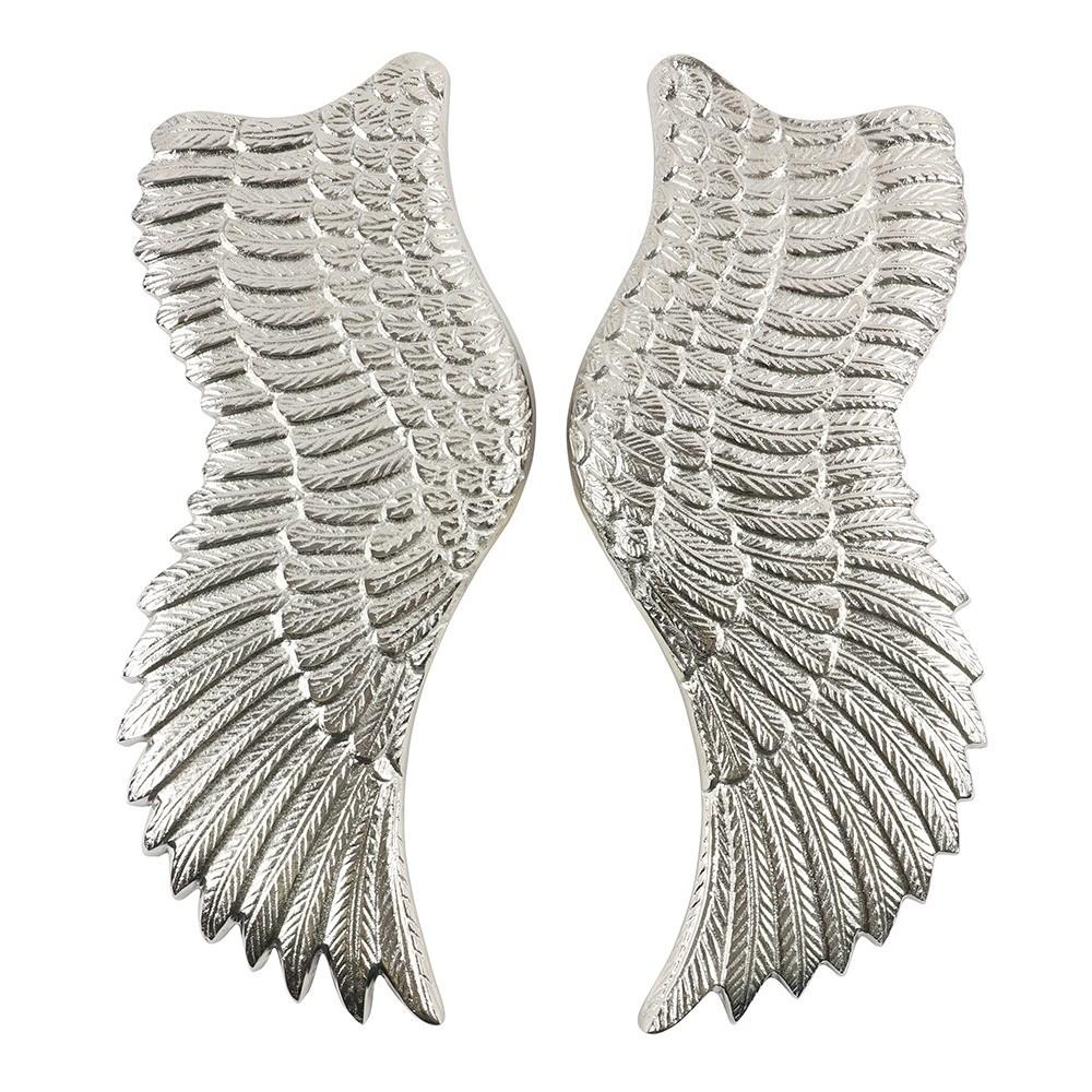 Detailed aluminium angel wings for creating an impactful focal point on a wall, with an elegant silver finish.