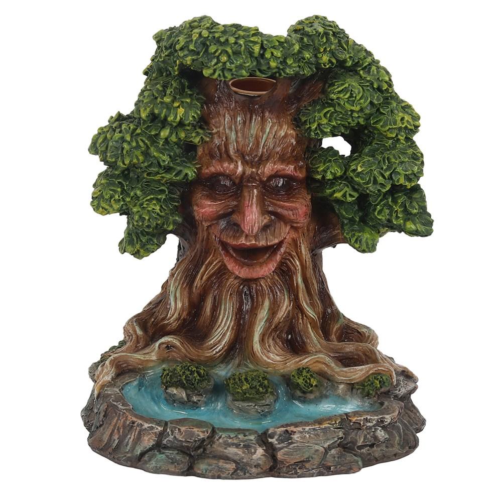 Tree man pond backflow incense burner, smoke pours from his mouth and falls into a blue pond below, shown without smoke.