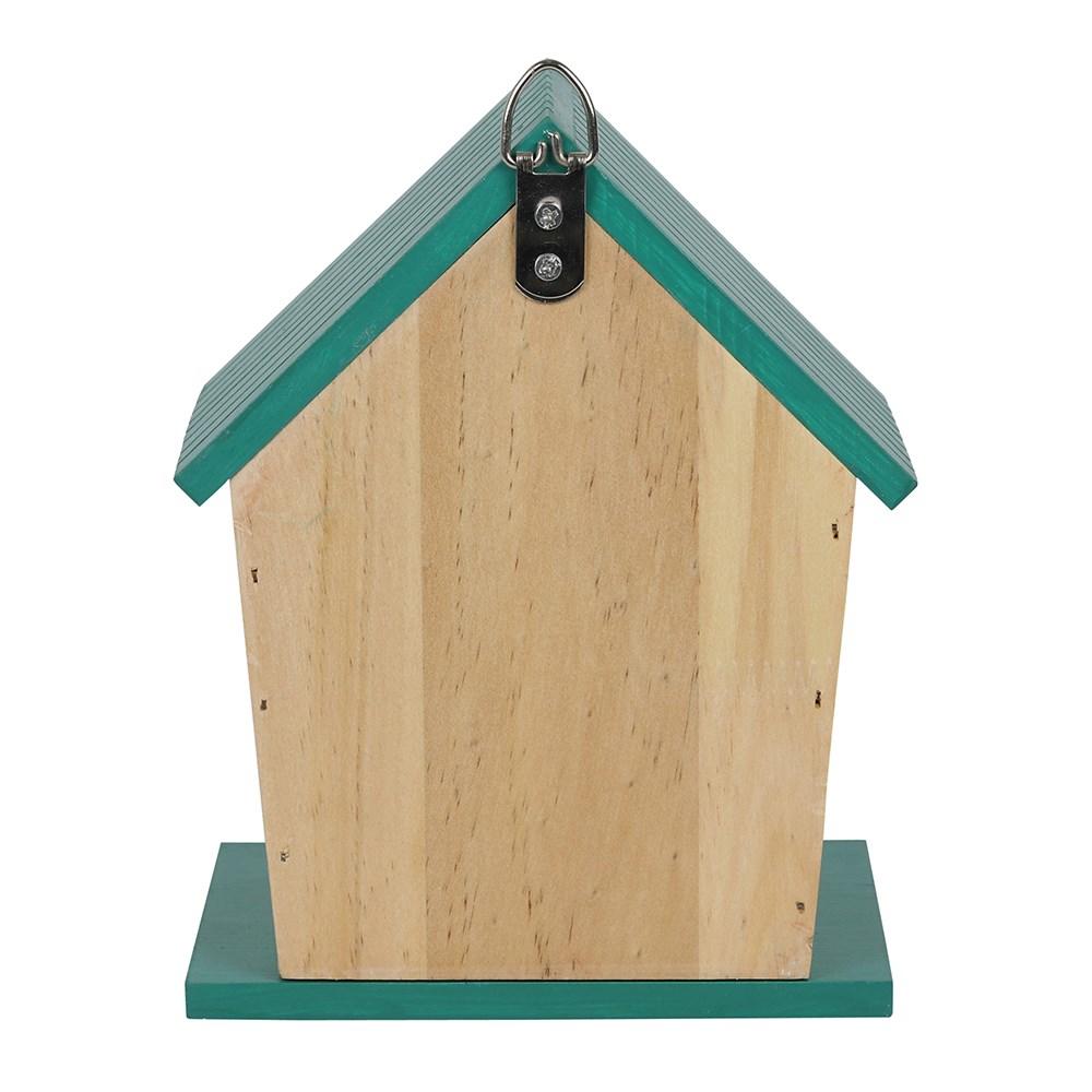 Wooden birdhouse with 'All Birds Welcome' text, blue roof and base, rear view shows saw tooth hanger.