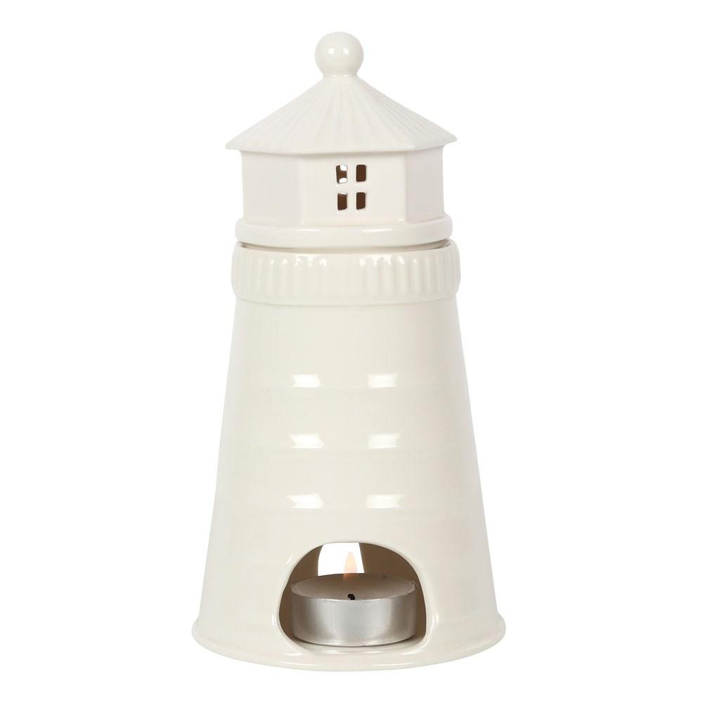 White light house lidded wax warmer and oil burner, shown with lit tealight.