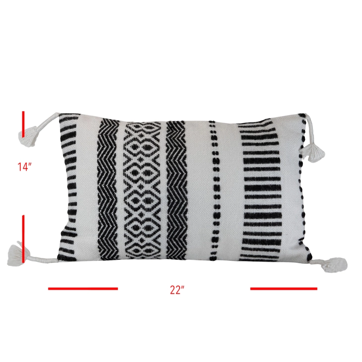 A hand woven outdoor boho cushion with a patterned mix of black and white yarns, image shows measurements.