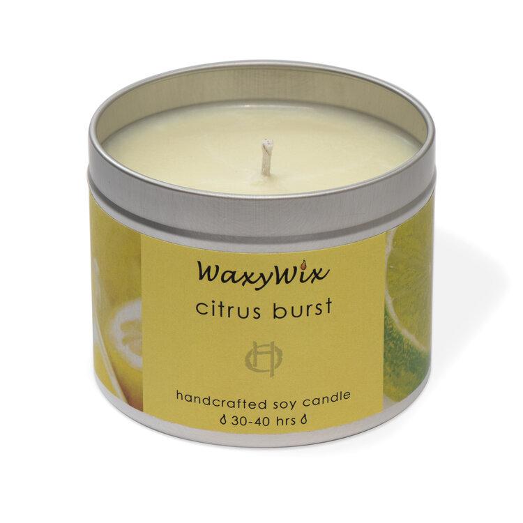 Citrus Burst Handcrafted Soy Candle Tin, handmade by WaxyWix