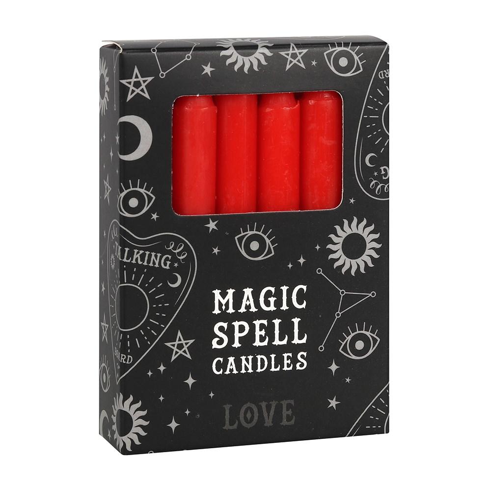 Pack of 12 red 'love' spell taper candles for use with rituals to attract love, sex and vitality.