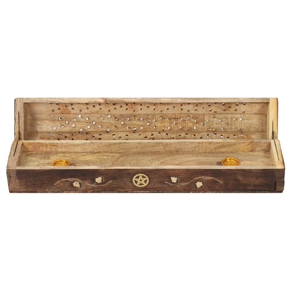 Mango wood incense box with brass pentagram inlay detail and carved design on the top, shows inside of the box.