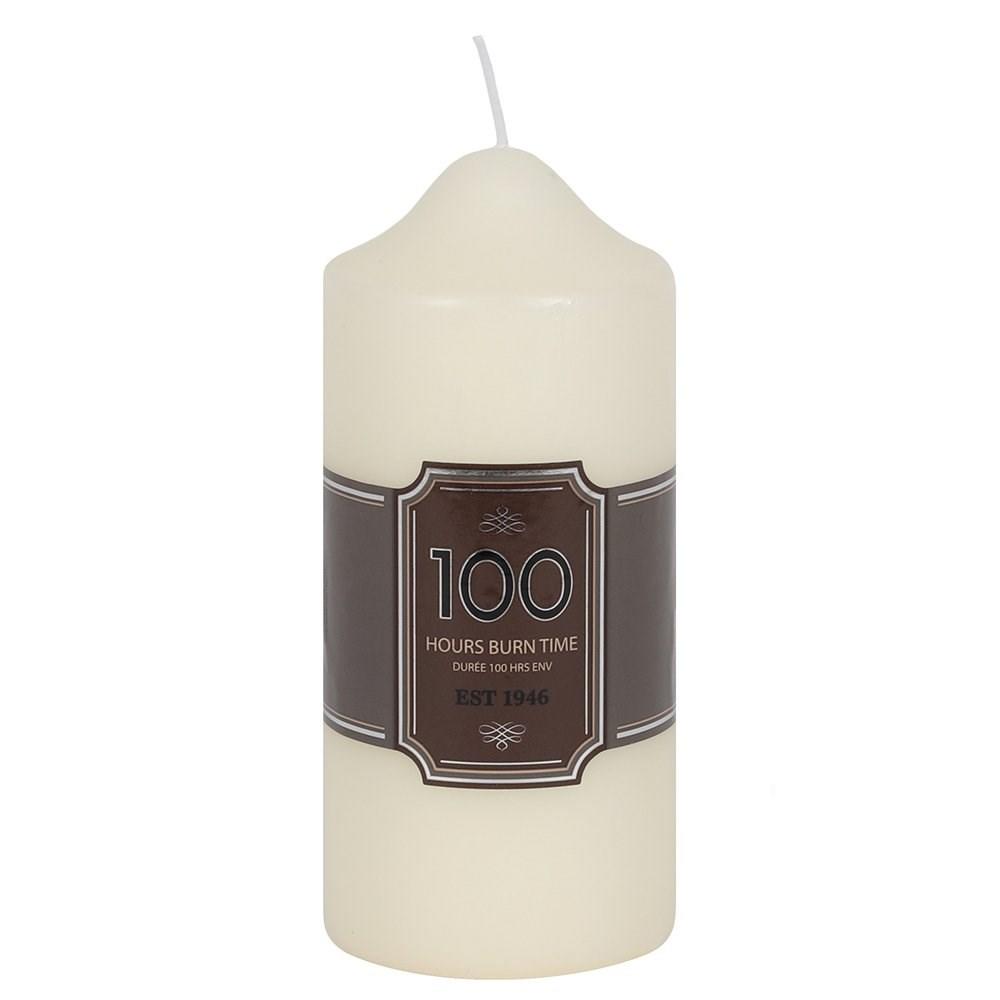Timeless white pillar candle with 100 hours burn time, vegan friendly.