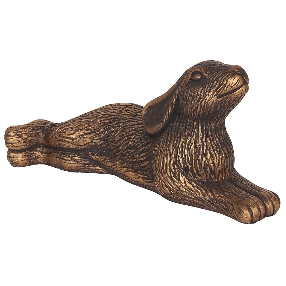 Diagonal view, Large Terracotta Lying Hare Ornament with a bronze coloured finish.