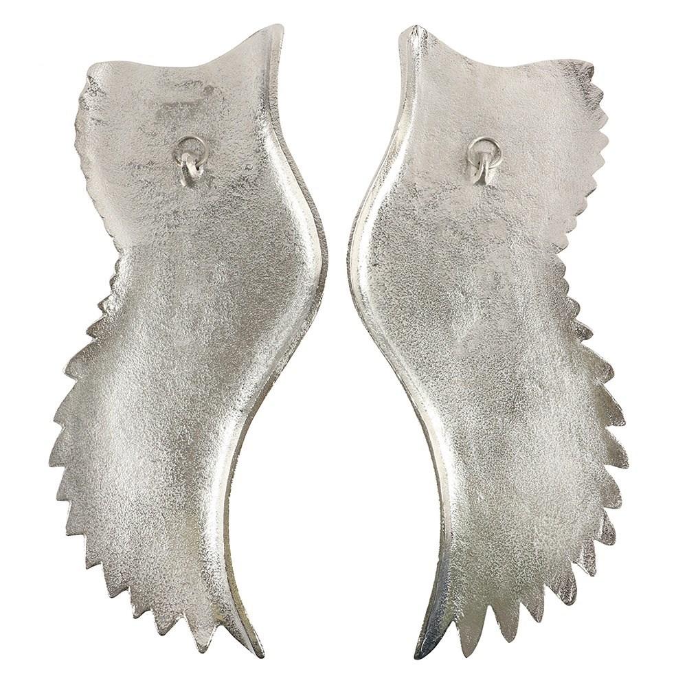 Detailed aluminium angel wings wall piece, with an elegant silver finish, rear view shows hooks for hanging.