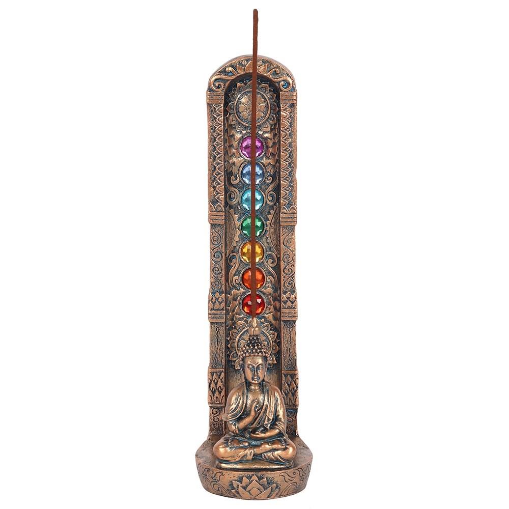 Bronze effect standing incense stick holder, featuring gems in the seven colours of the chakra and a meditating buddha.