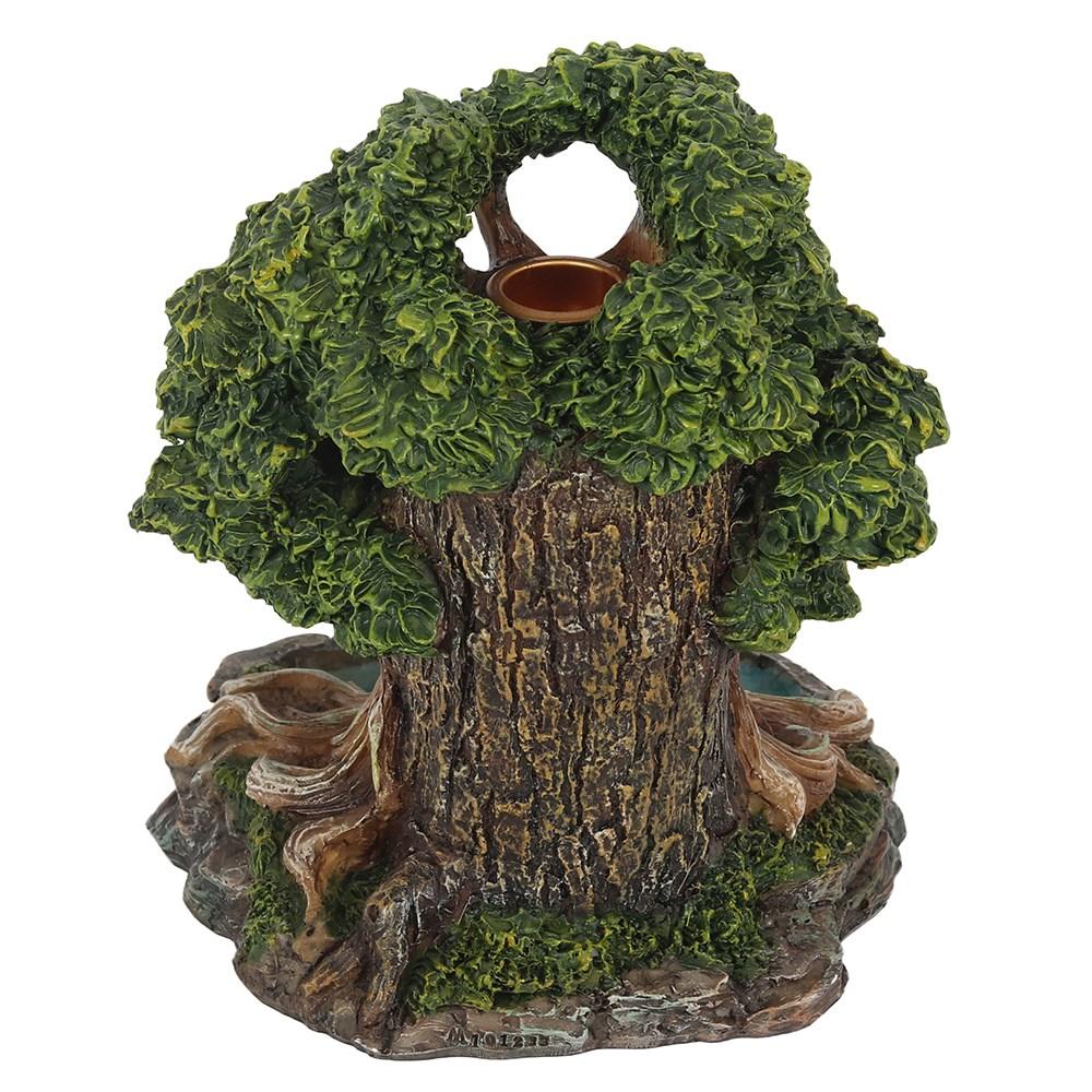 Tree man pond backflow incense burner, smoke gently pours from his mouth and falls into a blue pond below, rear view.