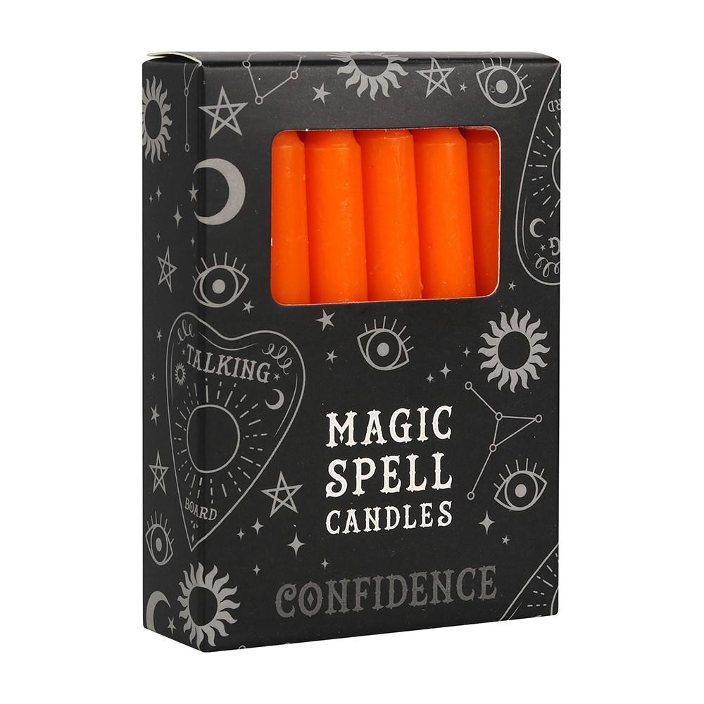 Pack of 12 orange 'confidence' spell candles for use with rituals to attract confidence, ambition and creativity.