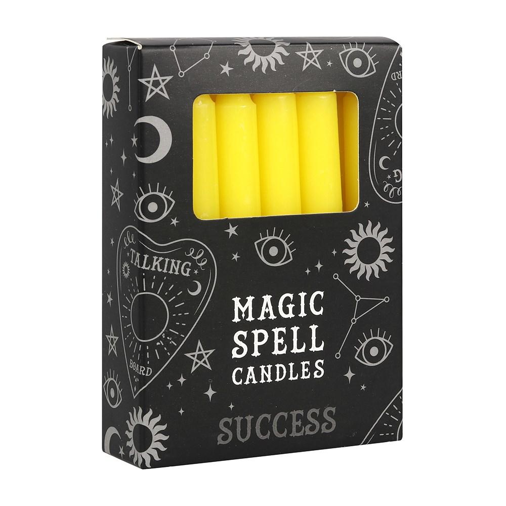 Pack of 12 yellow 'success' spell candles for use with rituals to attract success, focus and intuition.