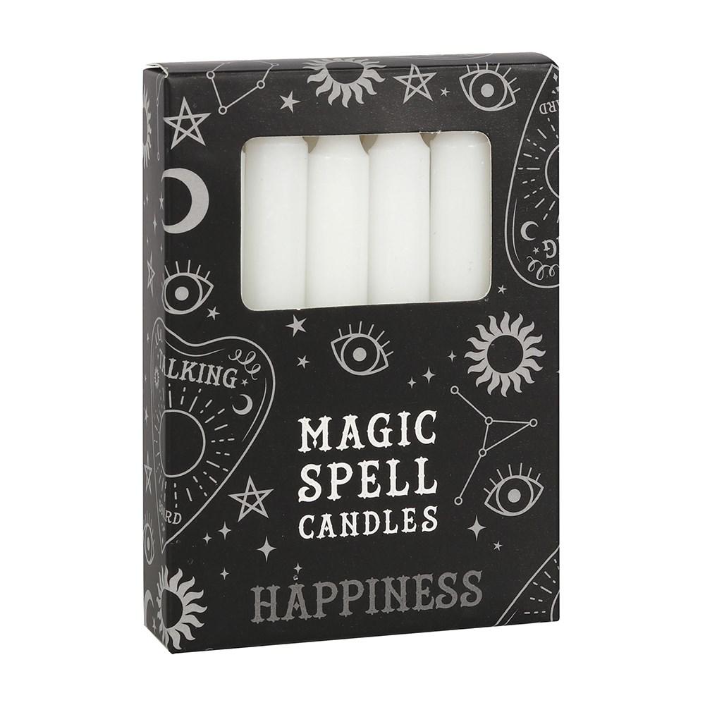 Pack of 12 white 'happiness' spell candles, use with rituals to attract happiness, new beginnings and spiritual growth.