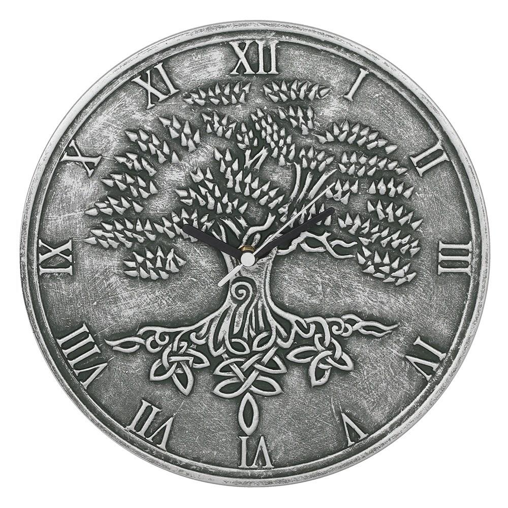 Stunning terracotta wall clock with tree of life design & its roots intertwining in celtic knots, with a silver-like effect.