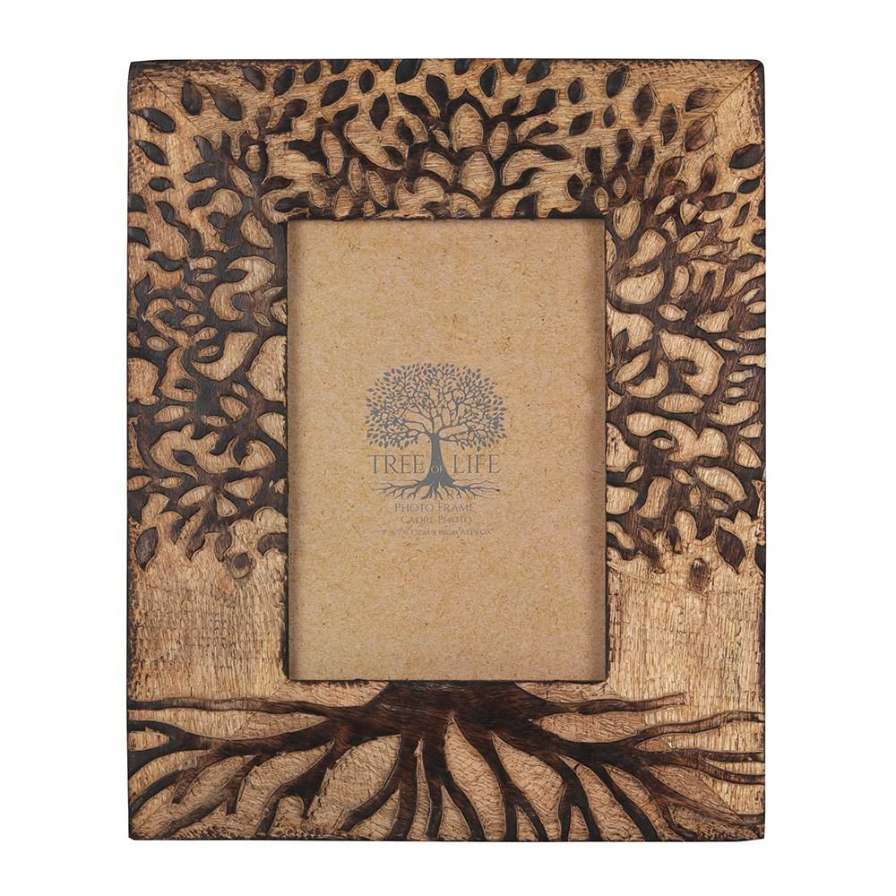 Mango wood picture frame with beautiful carved tree of life design, for a 5x7″ photo.
