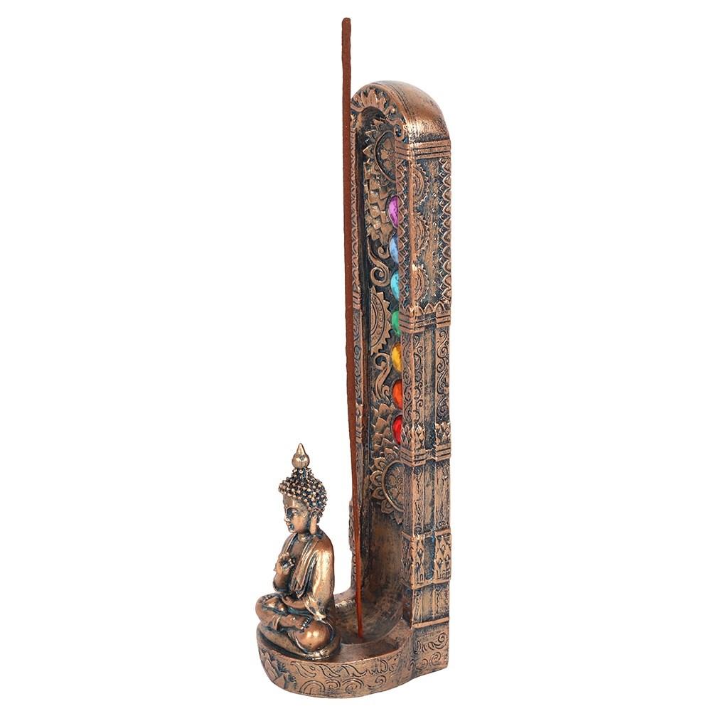 Side view, Bronze standing incense stick holder, featuring gems in the seven colours of the chakra and a meditating buddha.