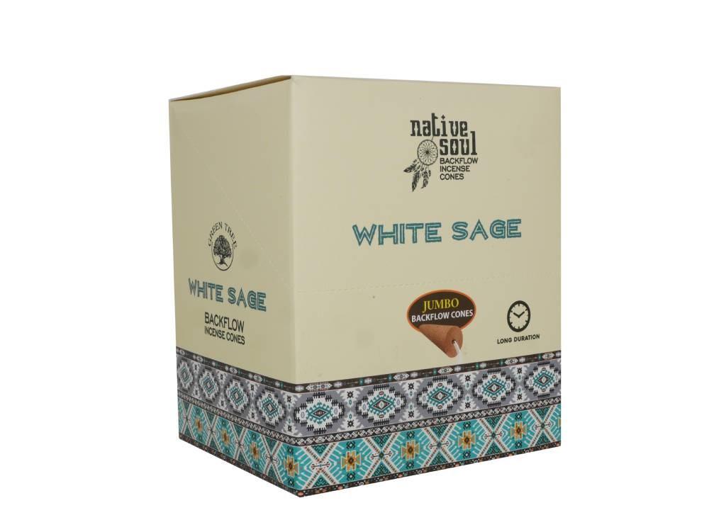 Natural soul white sage jumbo backflow incense cones, box containing 12 packs of 8 cones.