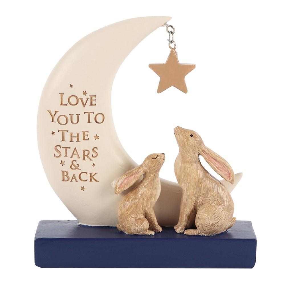 Navy and white resin decorative ornament with two rabbits, stars and a moon that reads 'Love you to the stars & back'