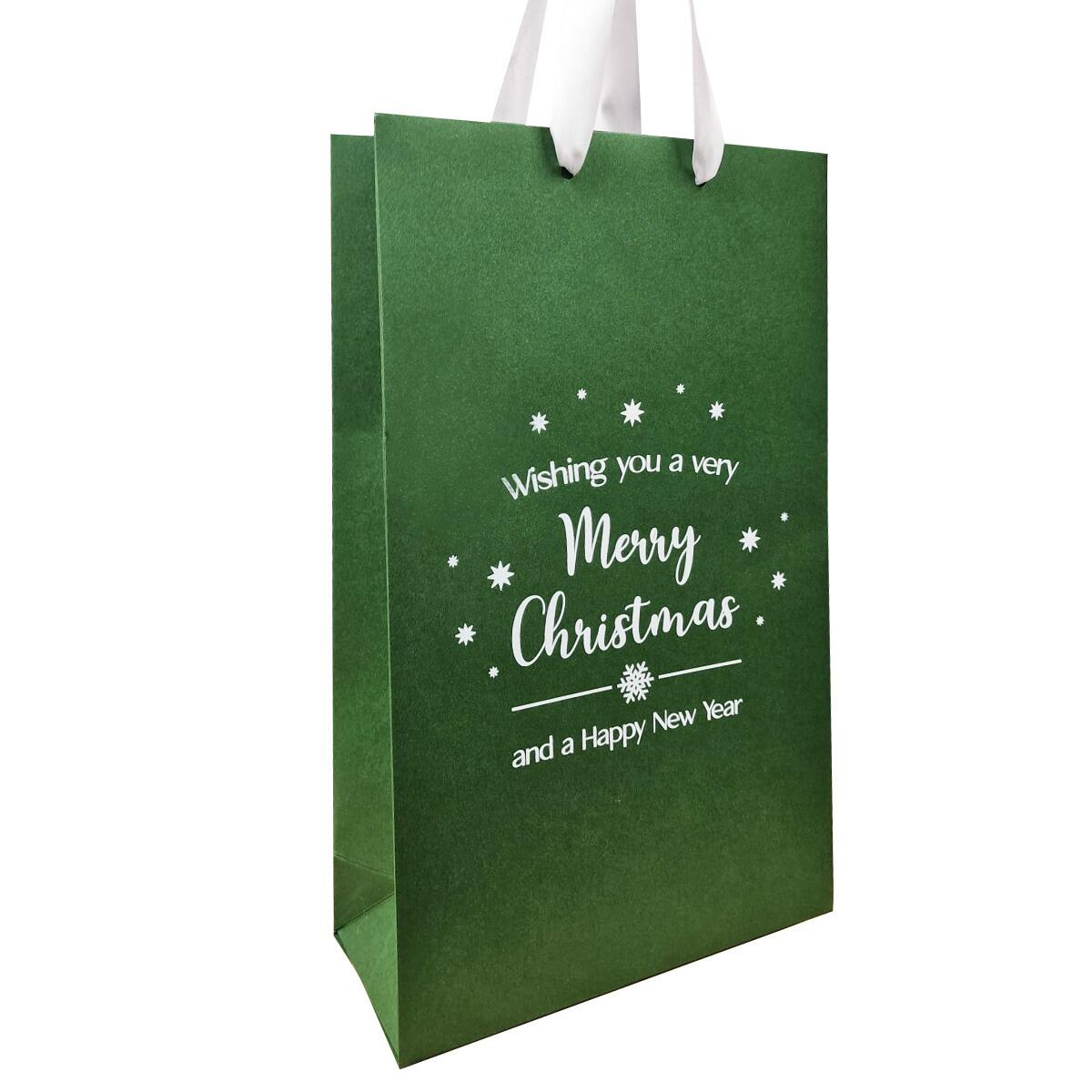 Luxury Green and White Christmas Gift Bag Ribbon Handles