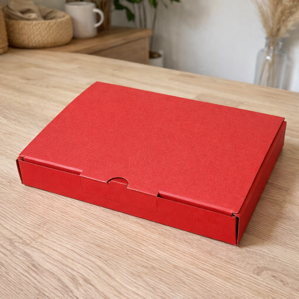 red mailer box