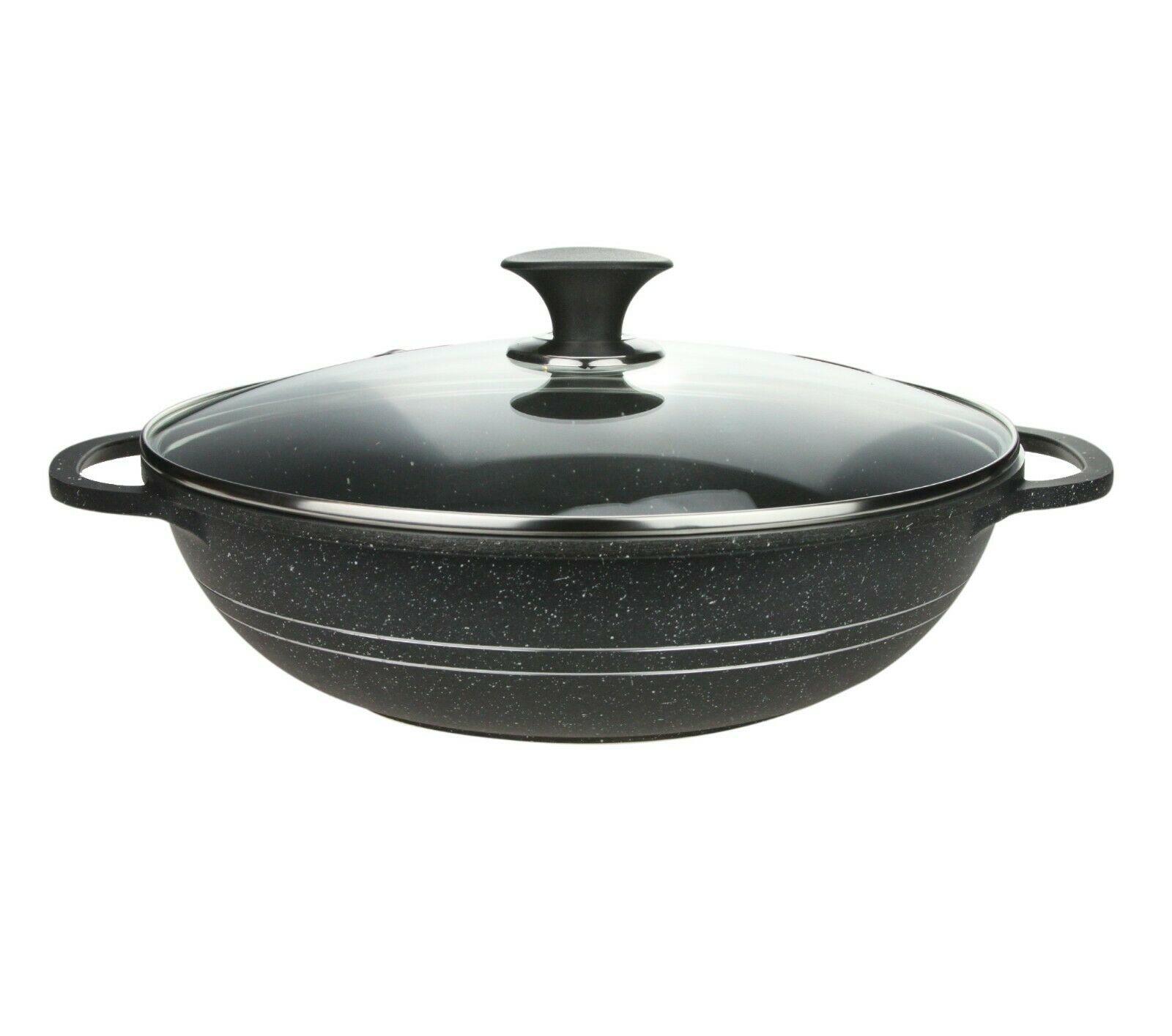 Non Stick Wok With Glass Lid 32cm Deep Frying Pan Karahi Kadai