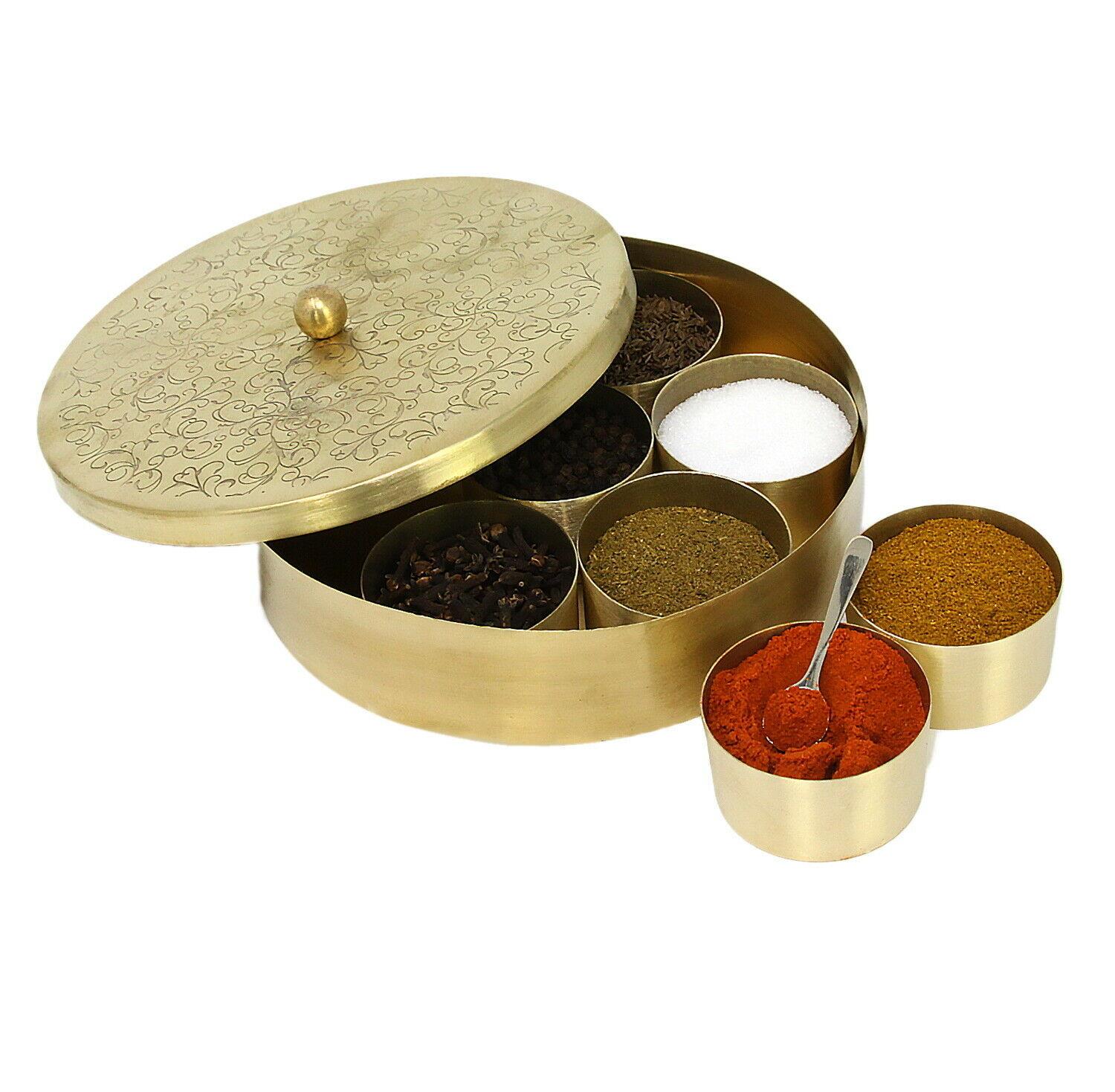 Indian Spice Tin Masala Dabba Box Brass 7 Spices Storage Pooja Spoon