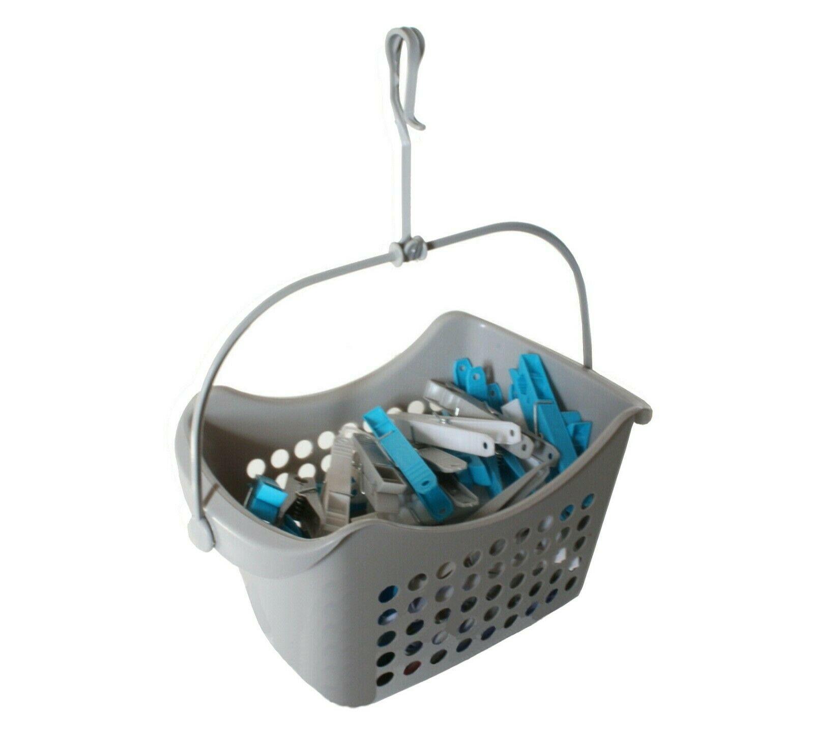 50 Clothes Pegs In Basket Hanging Collapsible With Hook Washing Line Plastic 