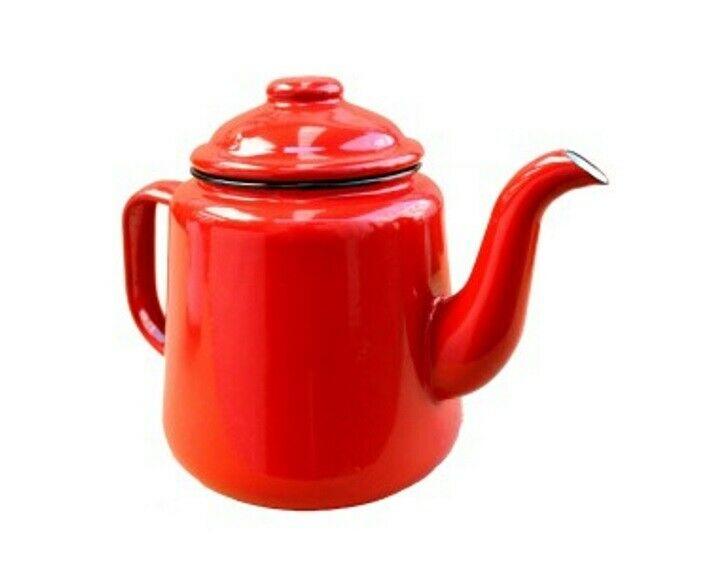 Falcon Enamel Teapot 14cm 1.5L With Handle & Lid Traditional Camping White Red