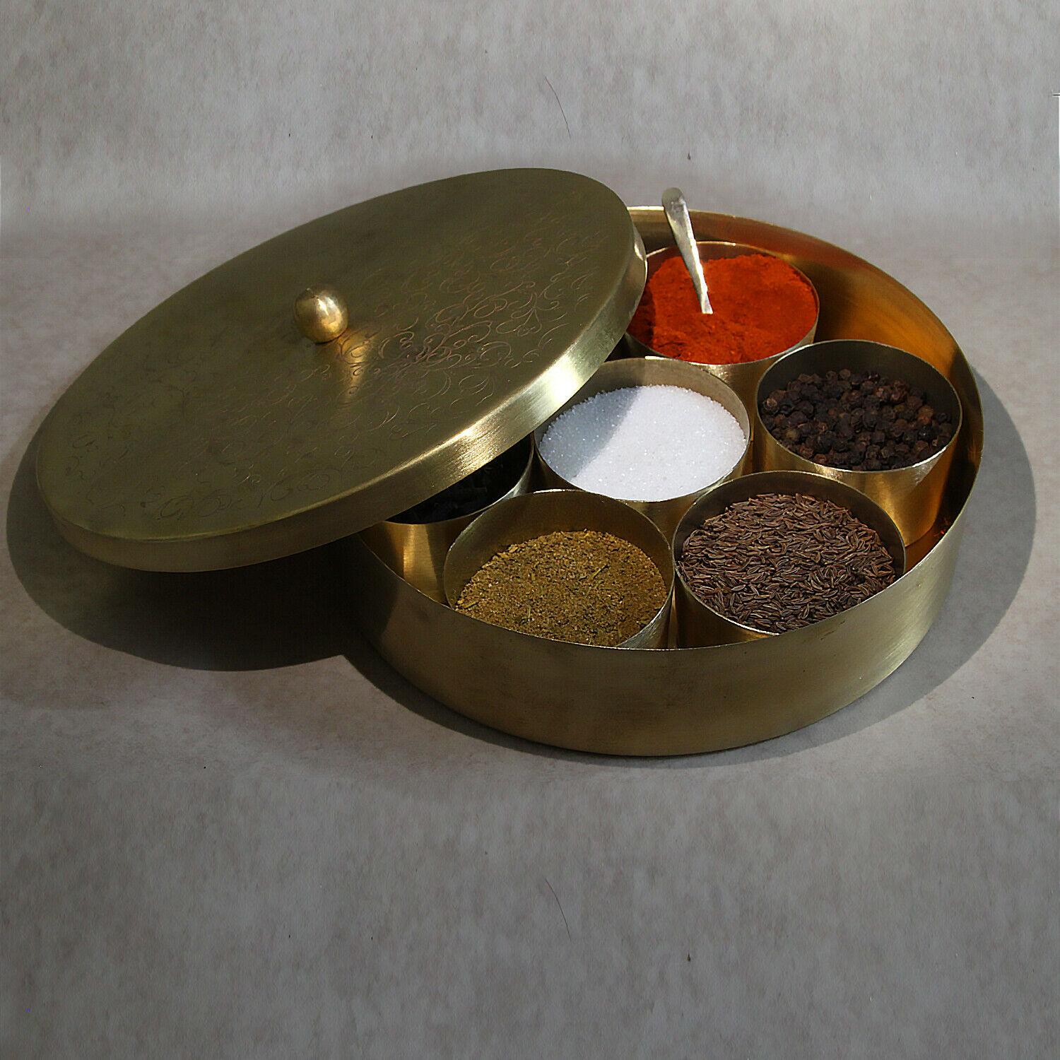 Authentic Indian Spice Box with Double Lid 24cm 7 Spice Packs & Indian Spice Guide 7 Spice Spoons Large 