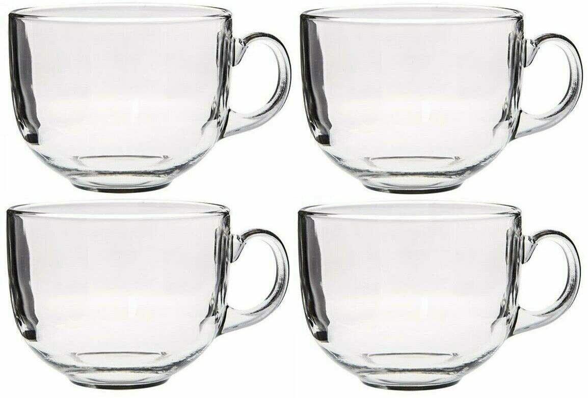 Set of 4 Extra Large Jumbo Clear Glass Coffee Mugs Soup Mugs 475ml