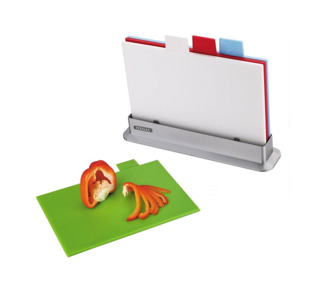 5pc Index Colour Coded Chopping Board Set 6mm Cutting Boards Mat Worktop & Stand