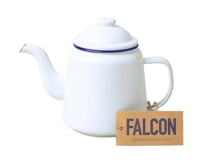 Falcon Enamel Teapot 14cm 1.5L With Handle & Lid Traditional Camping White Red