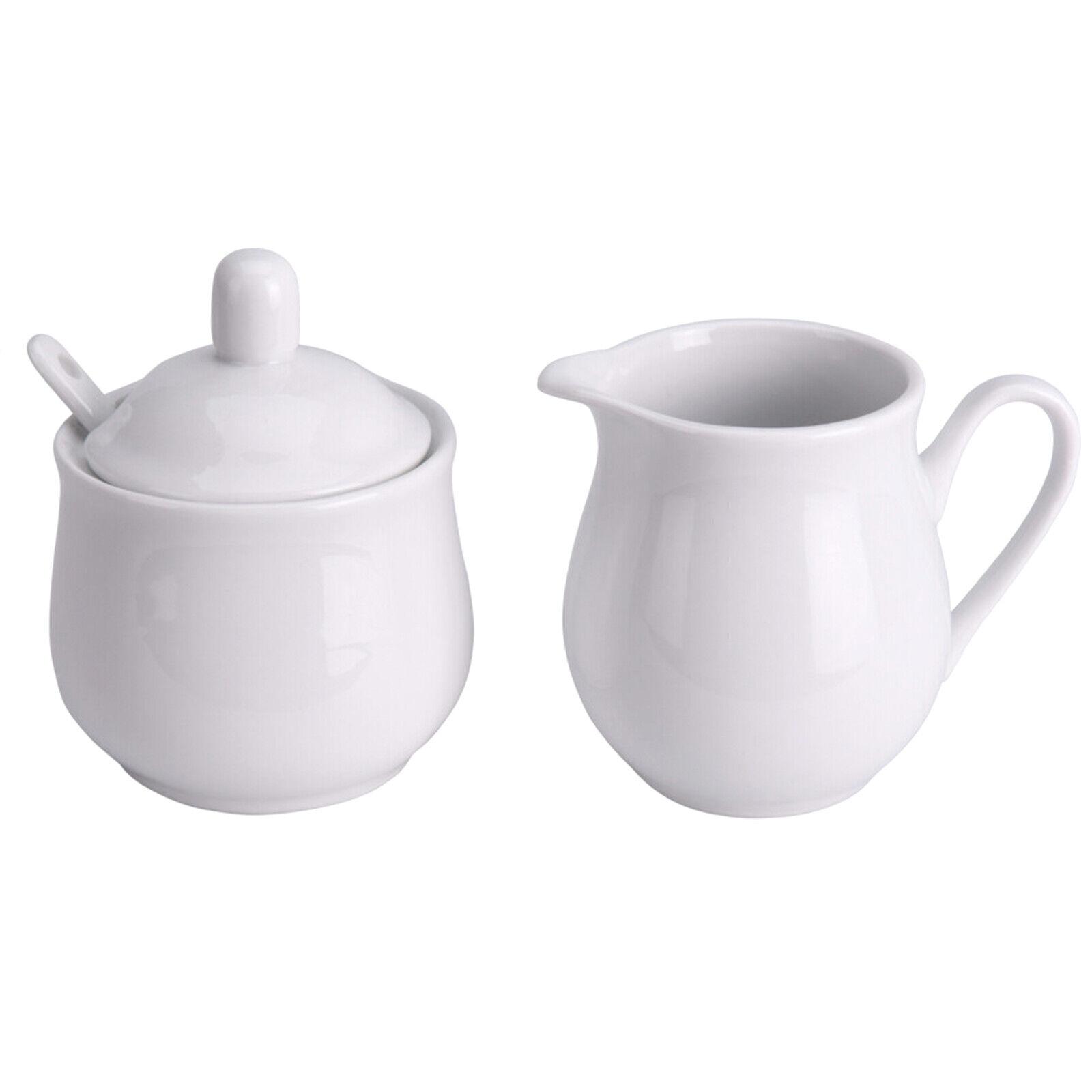 White Porcelain Milk Cream Jug & Sugar Bowl Pot with Lid & Spoon Set ...