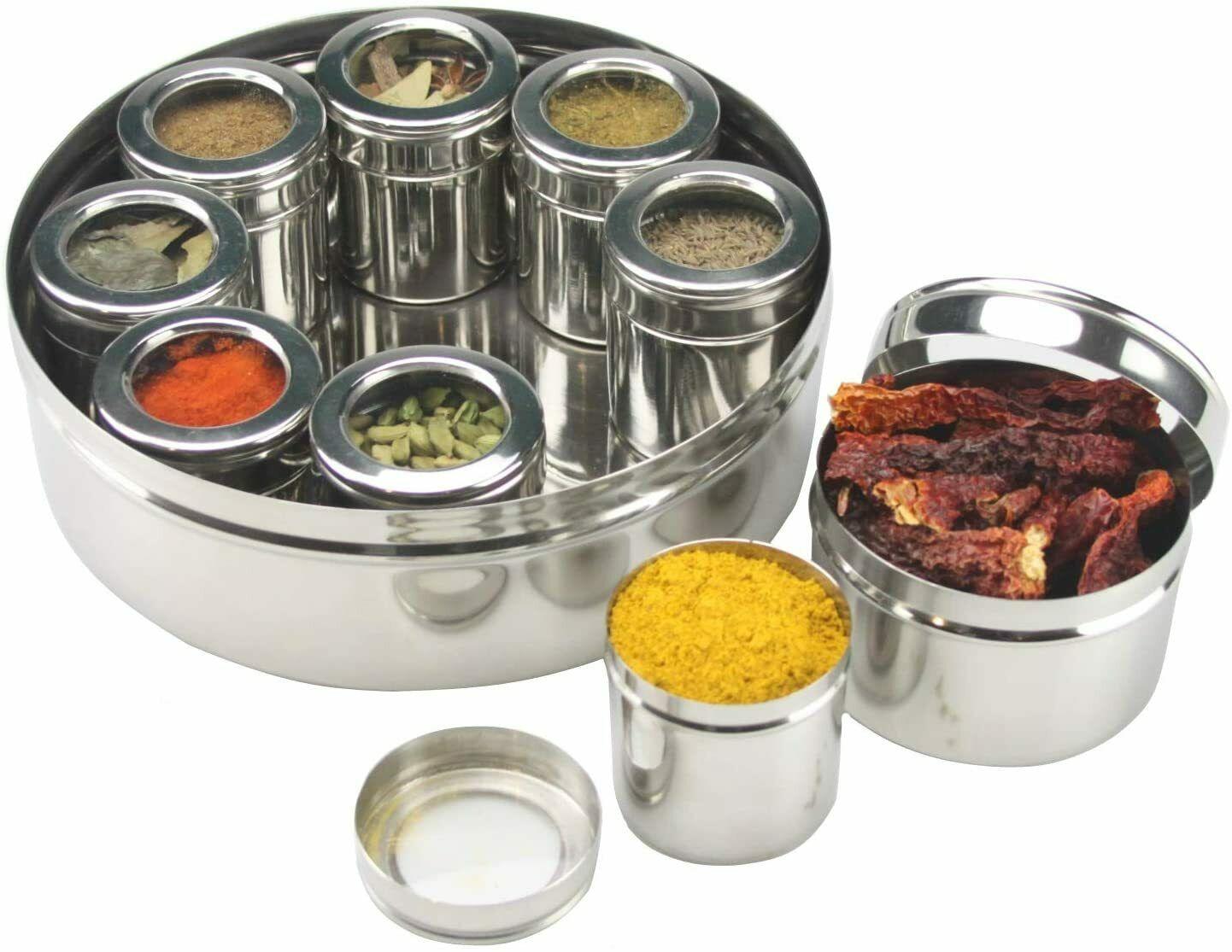 Box 10 Spices In180mm Polished Stainless Steel Indian Masala Dabba Spice Tin 