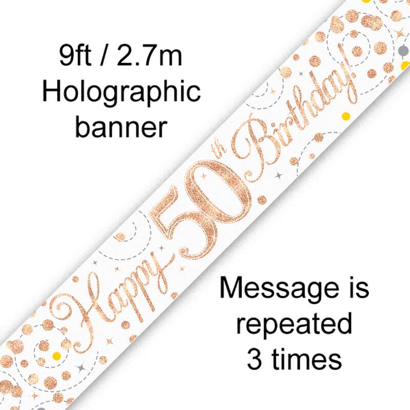 9ft Banner Sparkling Fizz 60th Birthday White And Rose Gold Holographic - View #9
