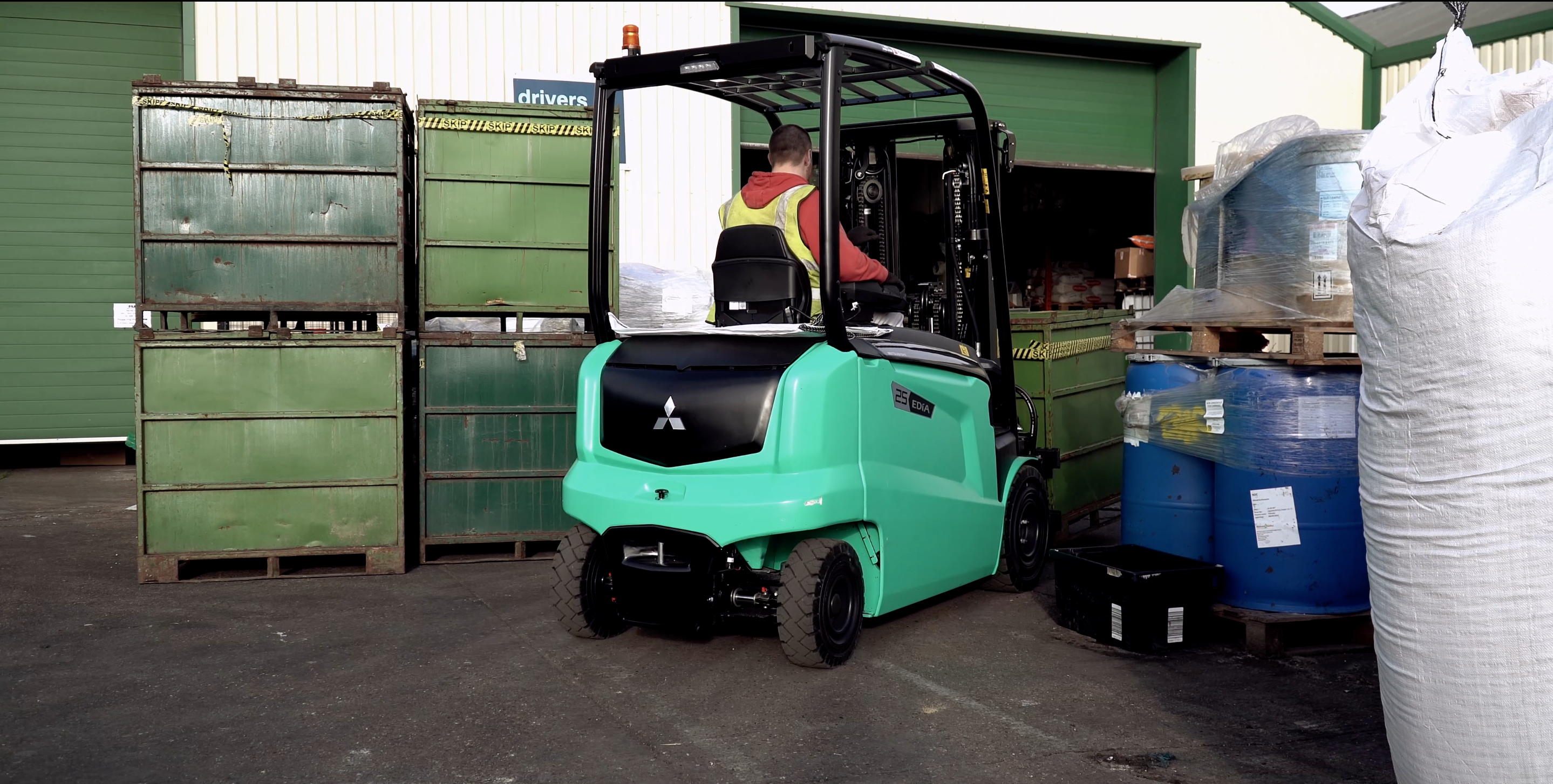 The reverse shot of the all-electric EDiA forklift Truck by Mitsubishi 