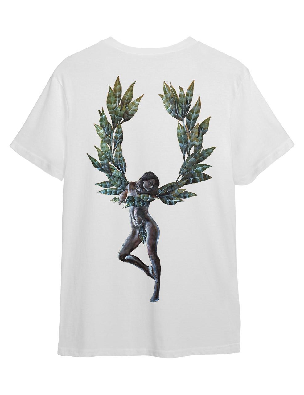 White T-shirt with hand-painted artwork of a women with a laurel wreath for wings on the back