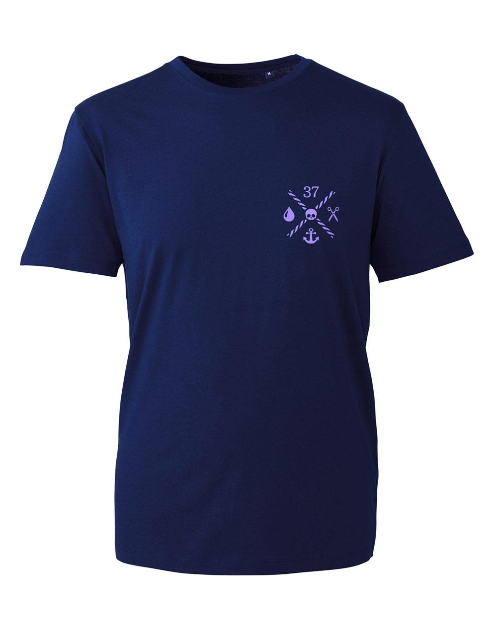 Classic unisex T-shirt in navy blue with lilac logo on the chest
