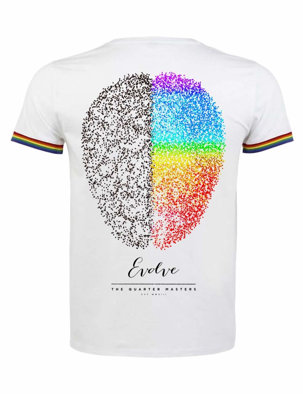 Evolve T-shirt with back print of a rainbow brain