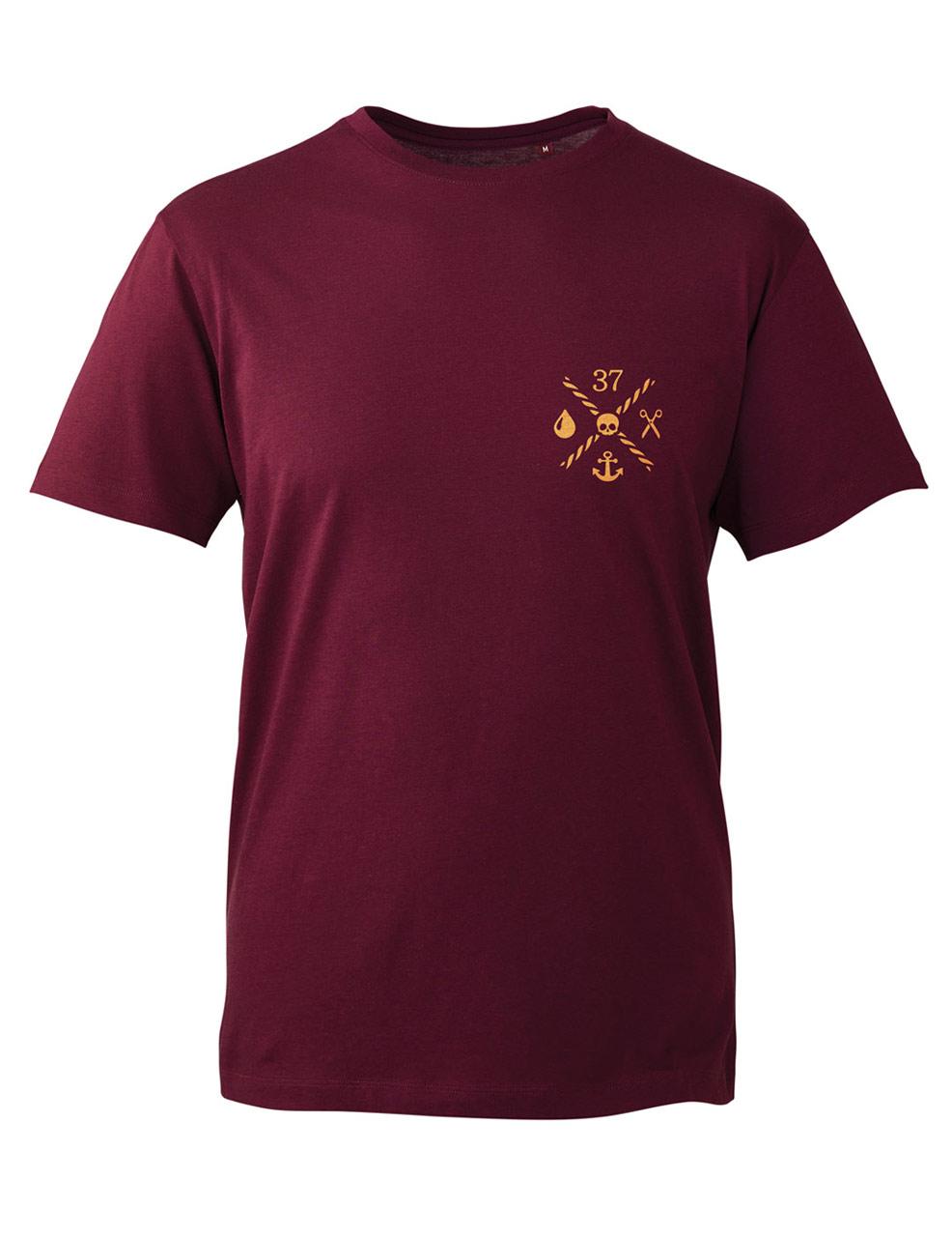 Classic unisex T-shirt in burgundy with gold logo on the chest