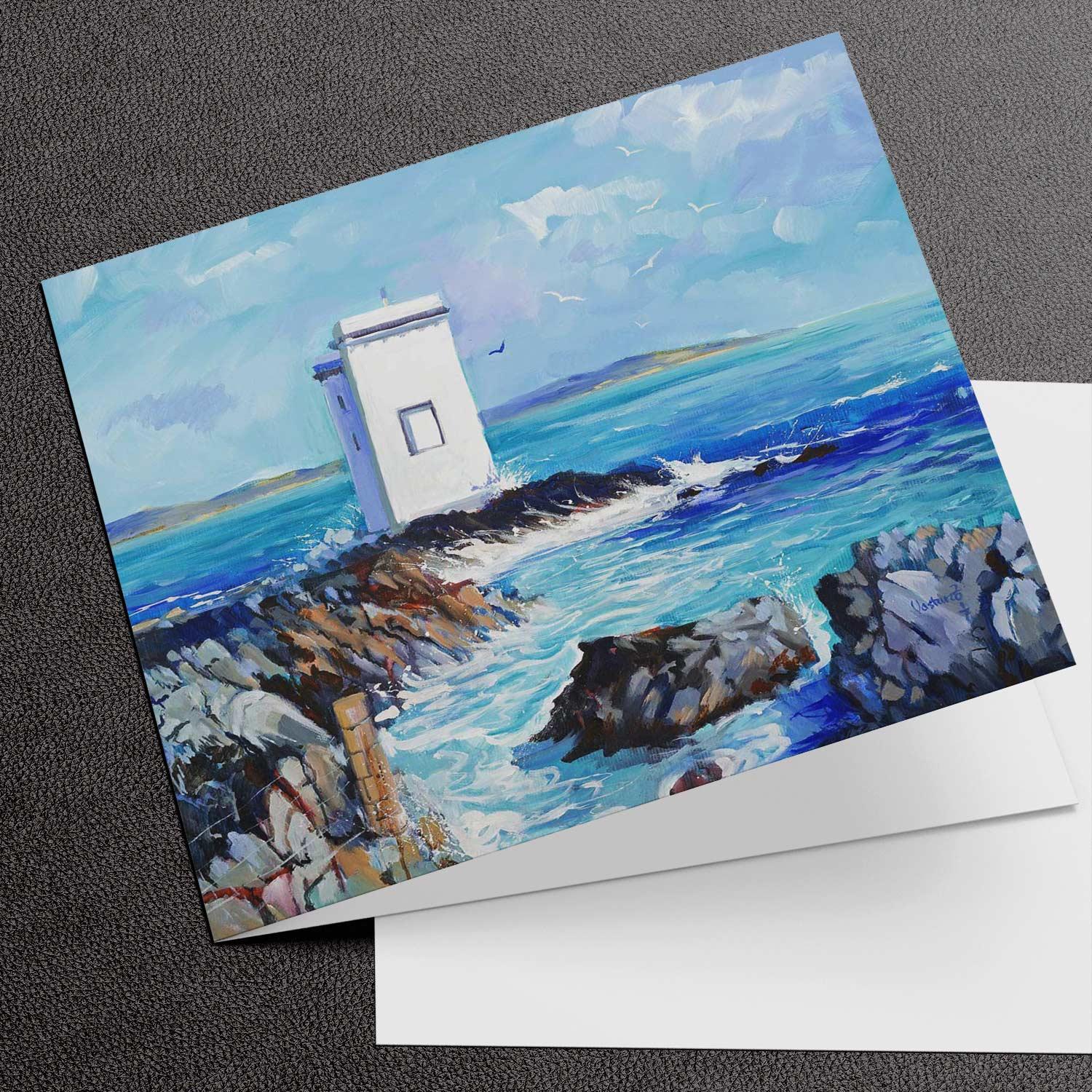Lighthouse at Carraig Fhada Greeting Card from an original painting by artist Ann Vastano