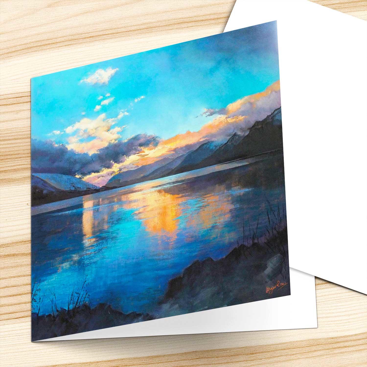 Loch Earn Blues & Golds Greeting Card from an original painting by artist Margaret Evans