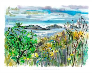 Yellowcraigs Beach, The Lamb, Craigleith Islands and the Bass Rock Art Print from an original painted by artist Clare Arbuthnott