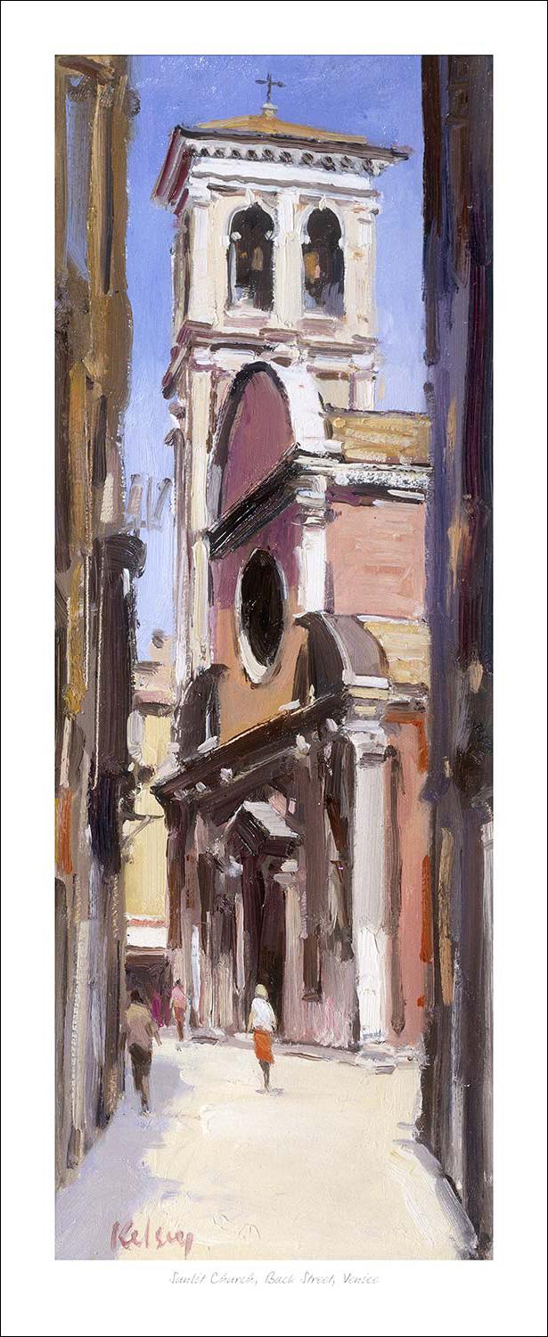 Sunlit Church, Back Street, Venice Art Print from an original painting by artist Robert Kelsey