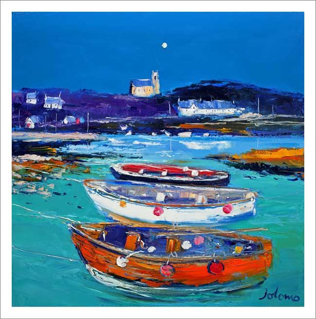 Church and Boats, Arinagour, Isle of Coll Art Print from an original painting by artist John Lowrie Morrison (Jolomo)