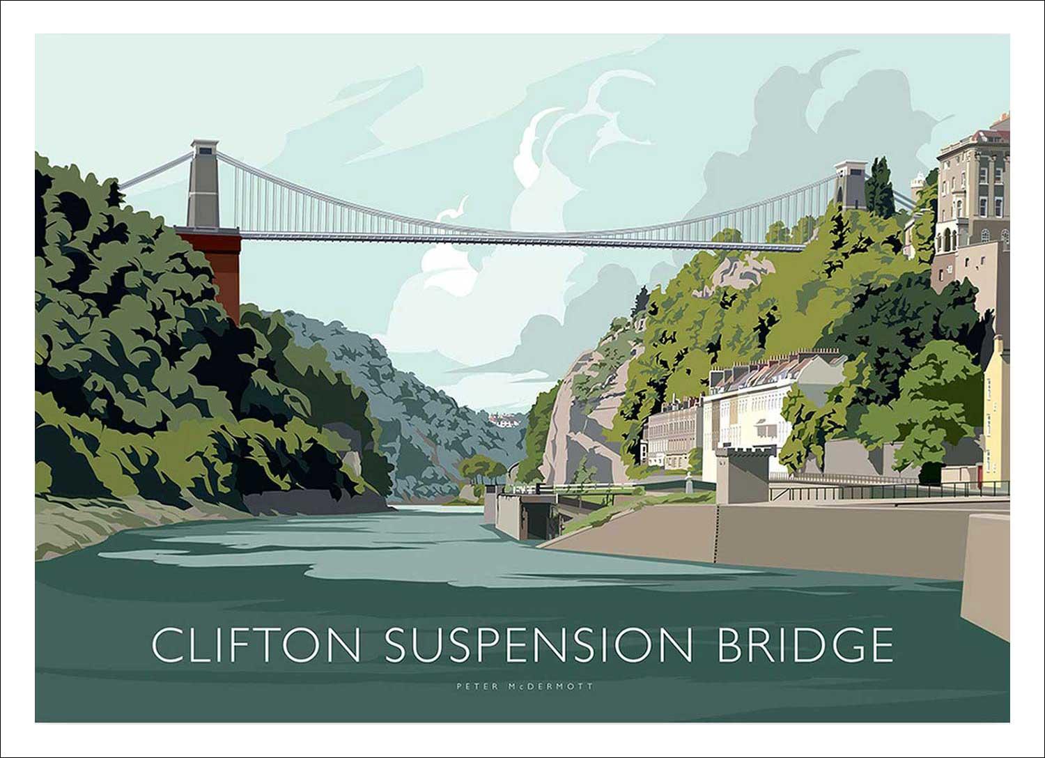 Clifton Suspension Bridge (Green) Art Print from an original illustration by artist Peter McDermott