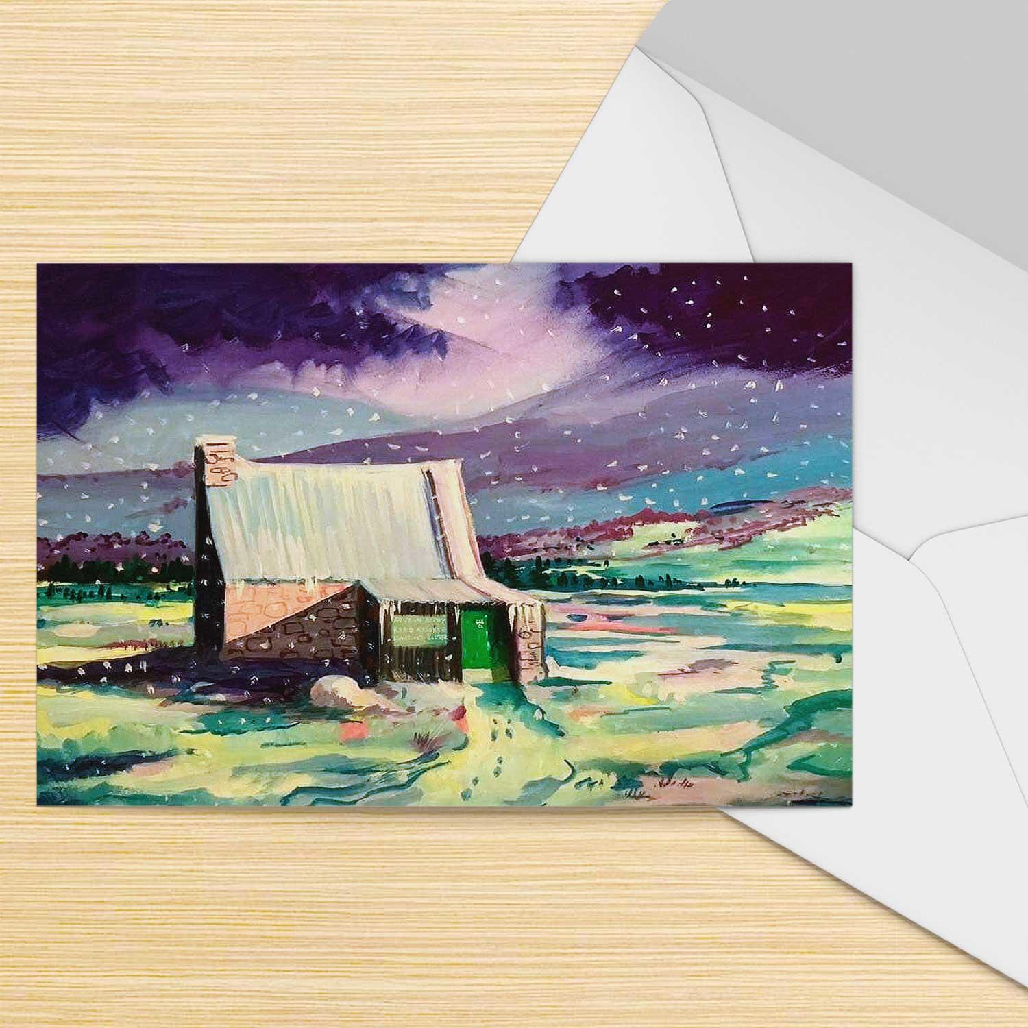 Ryvoan Bothy, Winter Greeting Card from an original painting by artist Ann Vastano