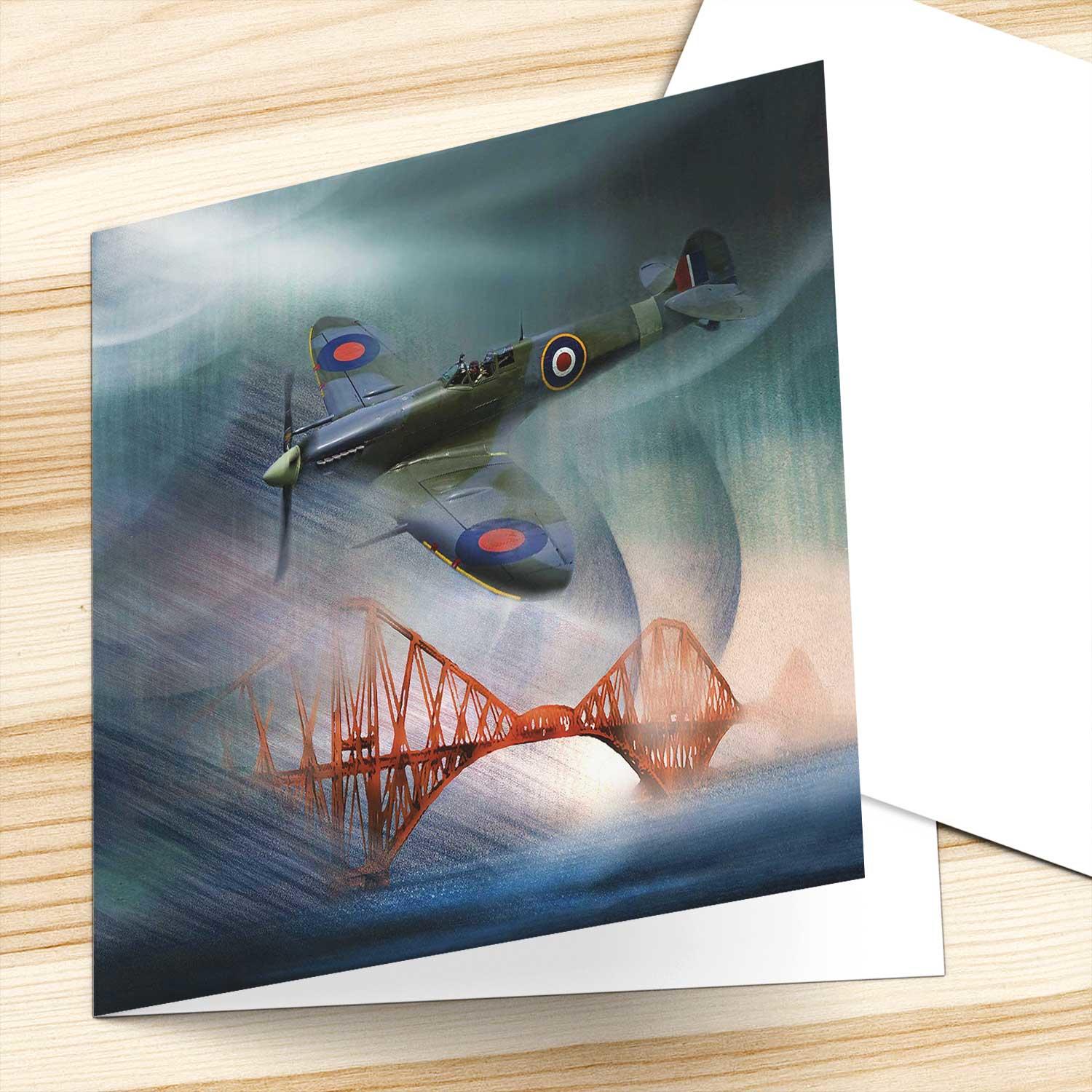 Spitfire Over Forth Bridge, Fife Greeting Card from an original painting by artist Esther Cohen