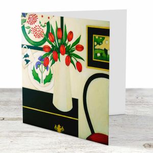 Red Tulips Red Chair Greeting Card from an original painting by artist Fiona Millar