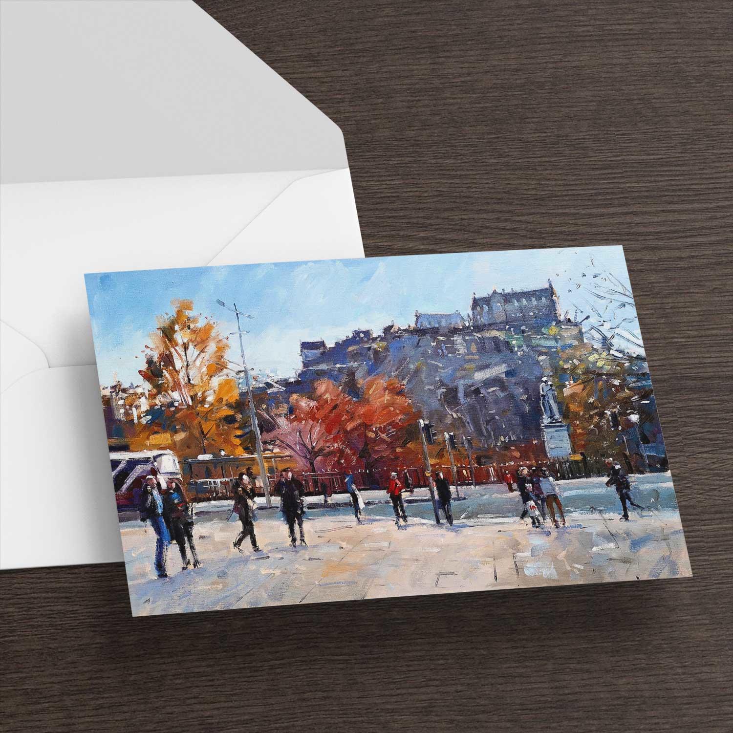Princes Street to the Castle Greeting Card from an original painting by artist Peter Foyle